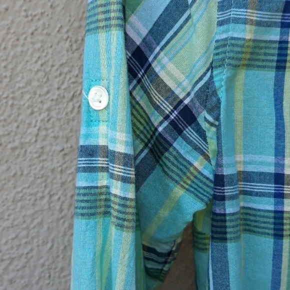 LANDS END BOYFRIEND GREEN MADRAS 3/4 SLEEVE BUTTON UP TOP SHIRT SIZE 4 - Picture 4 of 8